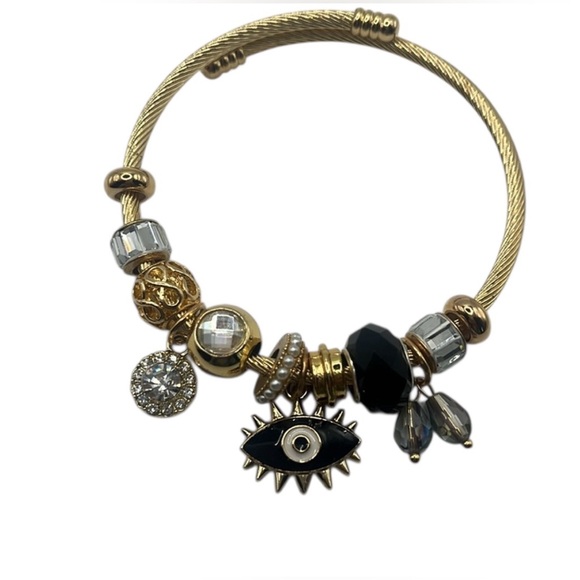 Evil Eye Gold Tone Charm Bracelet Adjustable - Picture 1 of 2